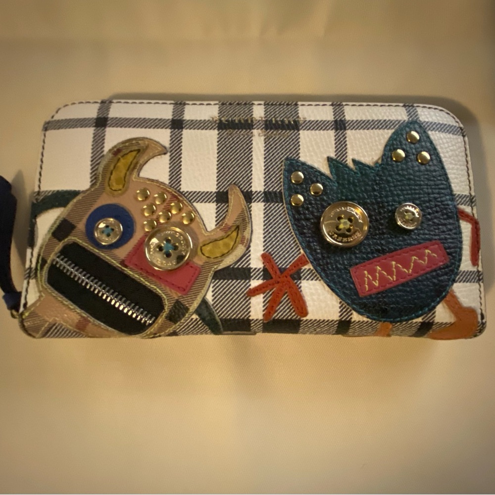 Burberry Monochrome Check Leather Creature Appliqué Zip Around Wallet